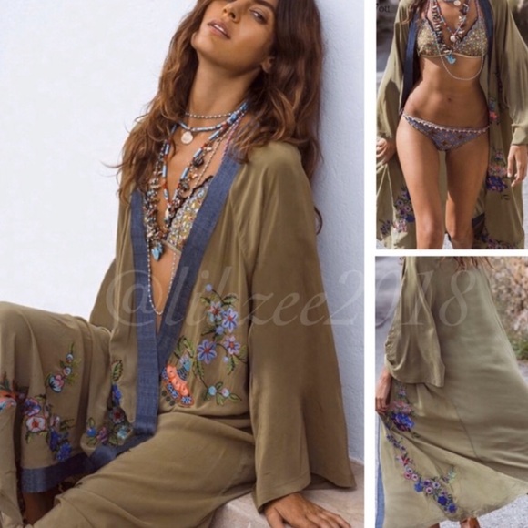 Embroidered Floral Bohemian Kimono Robe Swimsuit Cover-Up in Olive Green - Picture 4 of 7
